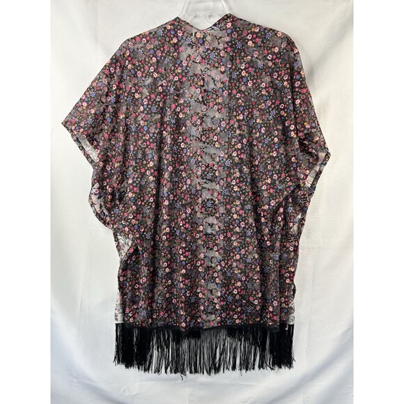 Janice Kimono Jacket Poncho One Size Black Boho Floral With Fringe - Picture 1 of 8